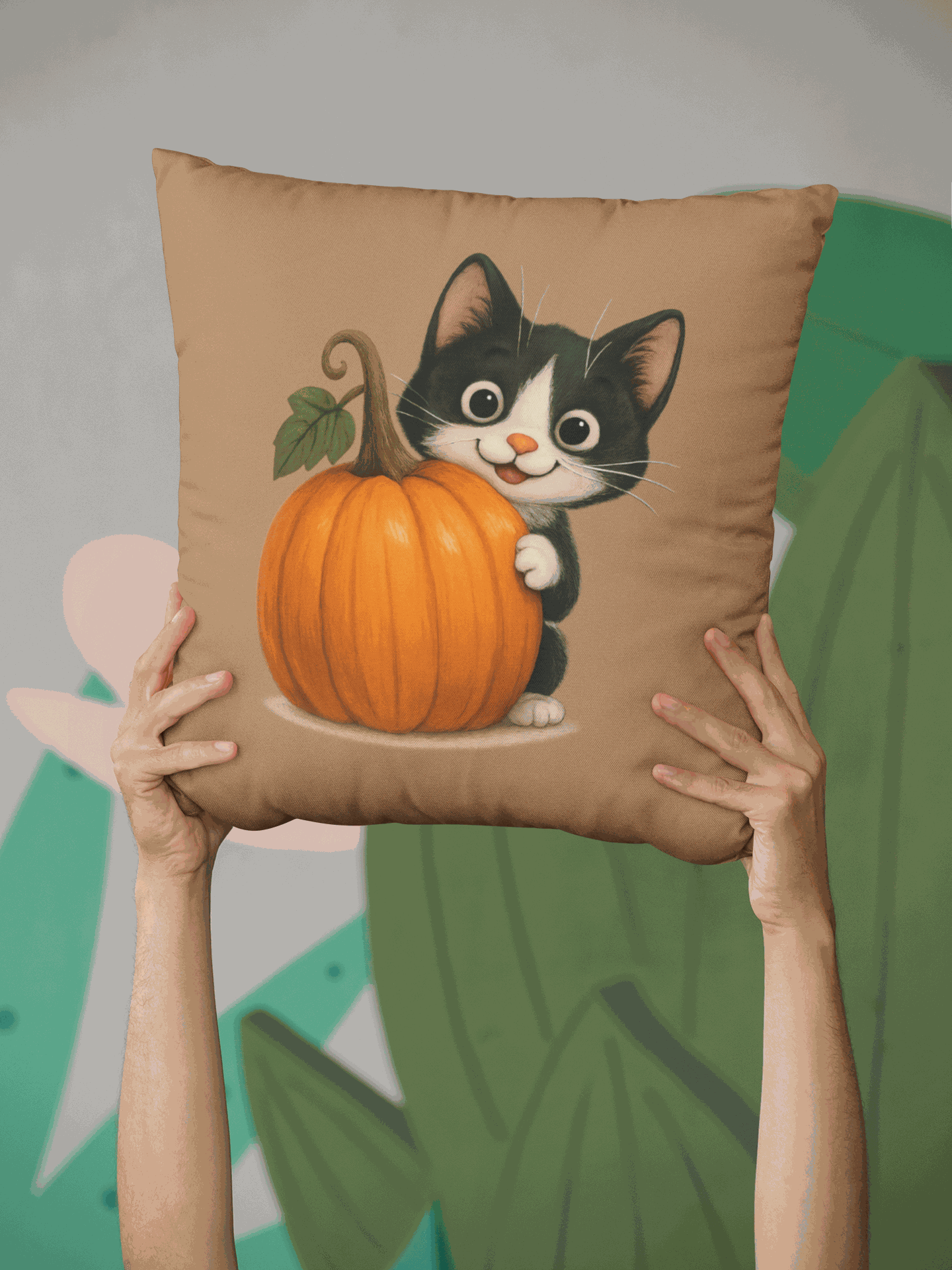 Fall Cat Pillow with cute black and white cat hugging a large orange pumpkin on a brown background, perfect autumn home decor for cat lovers