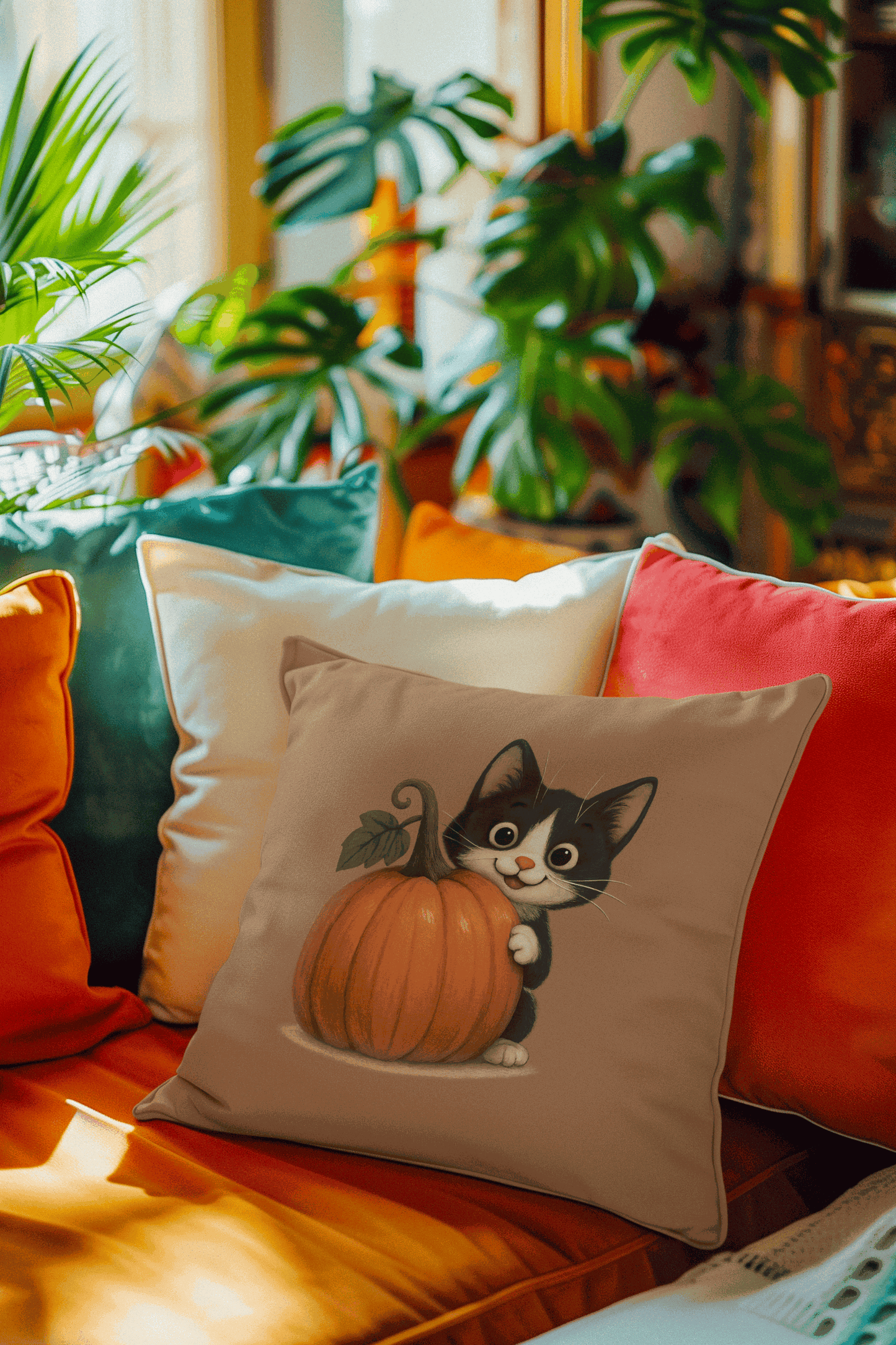 Fall Cat Pillow with playful black and white kitten hugging a pumpkin, autumn-themed home decor cushion