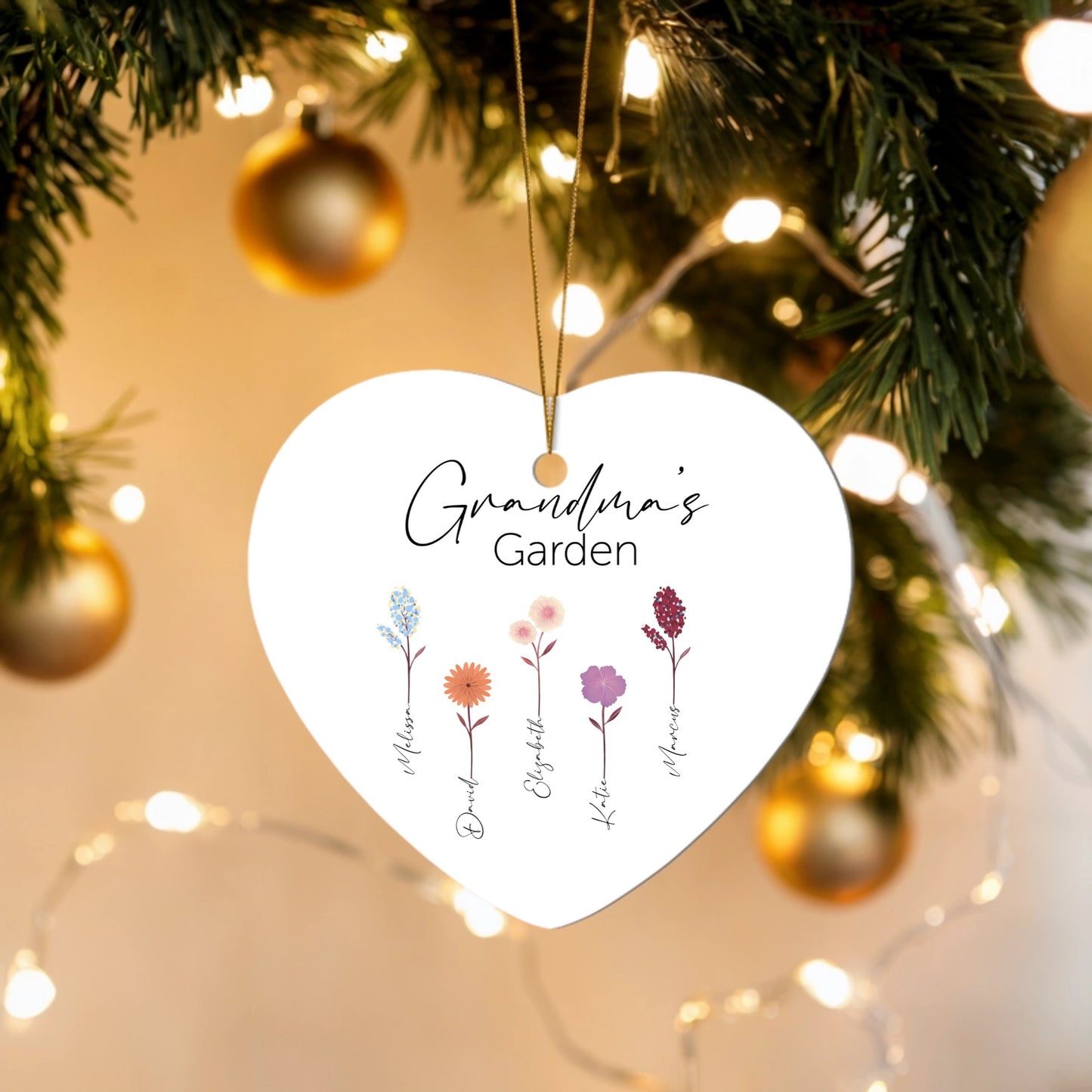 Grandma's Garden Grandchild High Gloss Heart Ornament Customizable Flower With Up To Five Names Keepsake