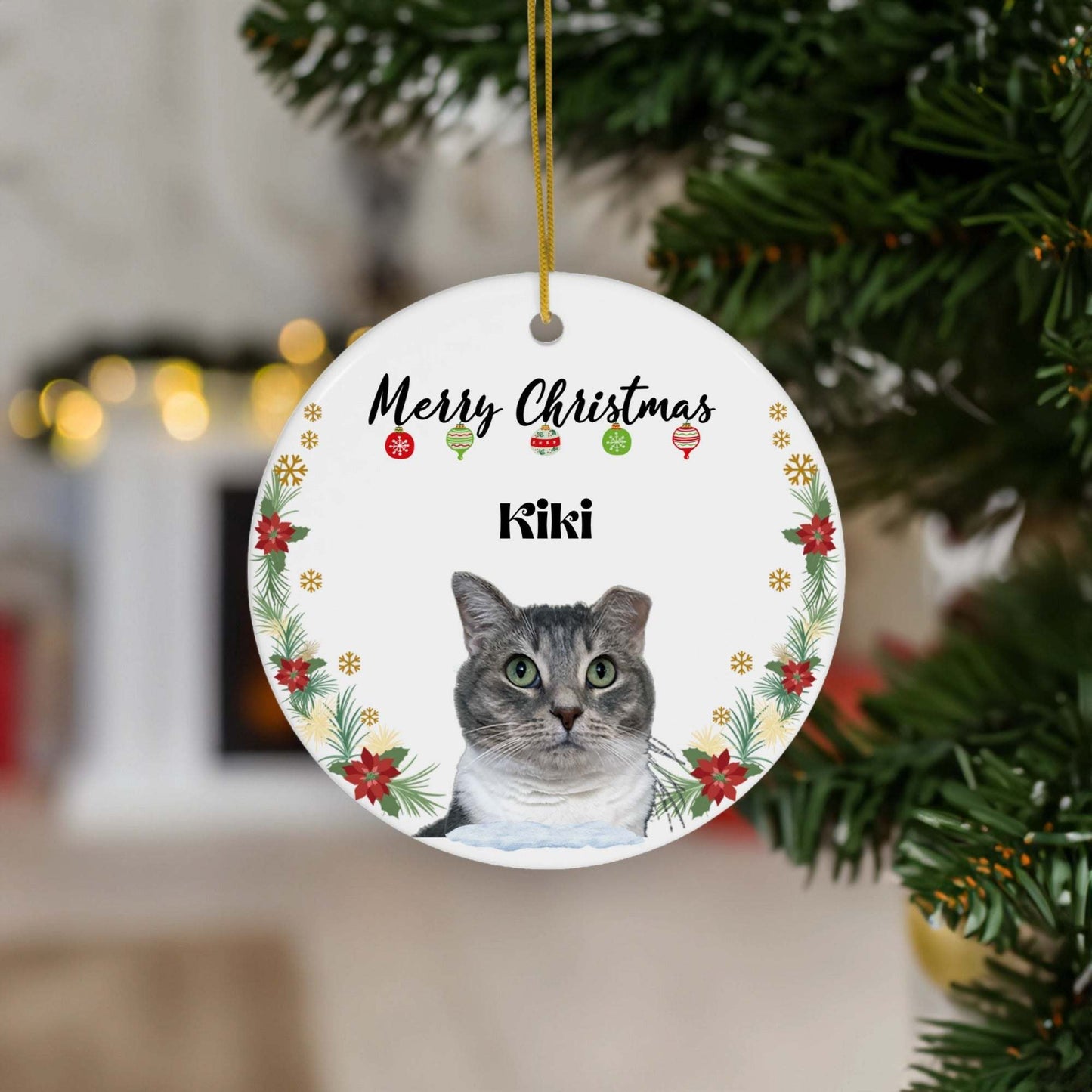 Personalized Merry Christmas Pet Ornament with cat photo and festive holiday design hanging on Christmas tree