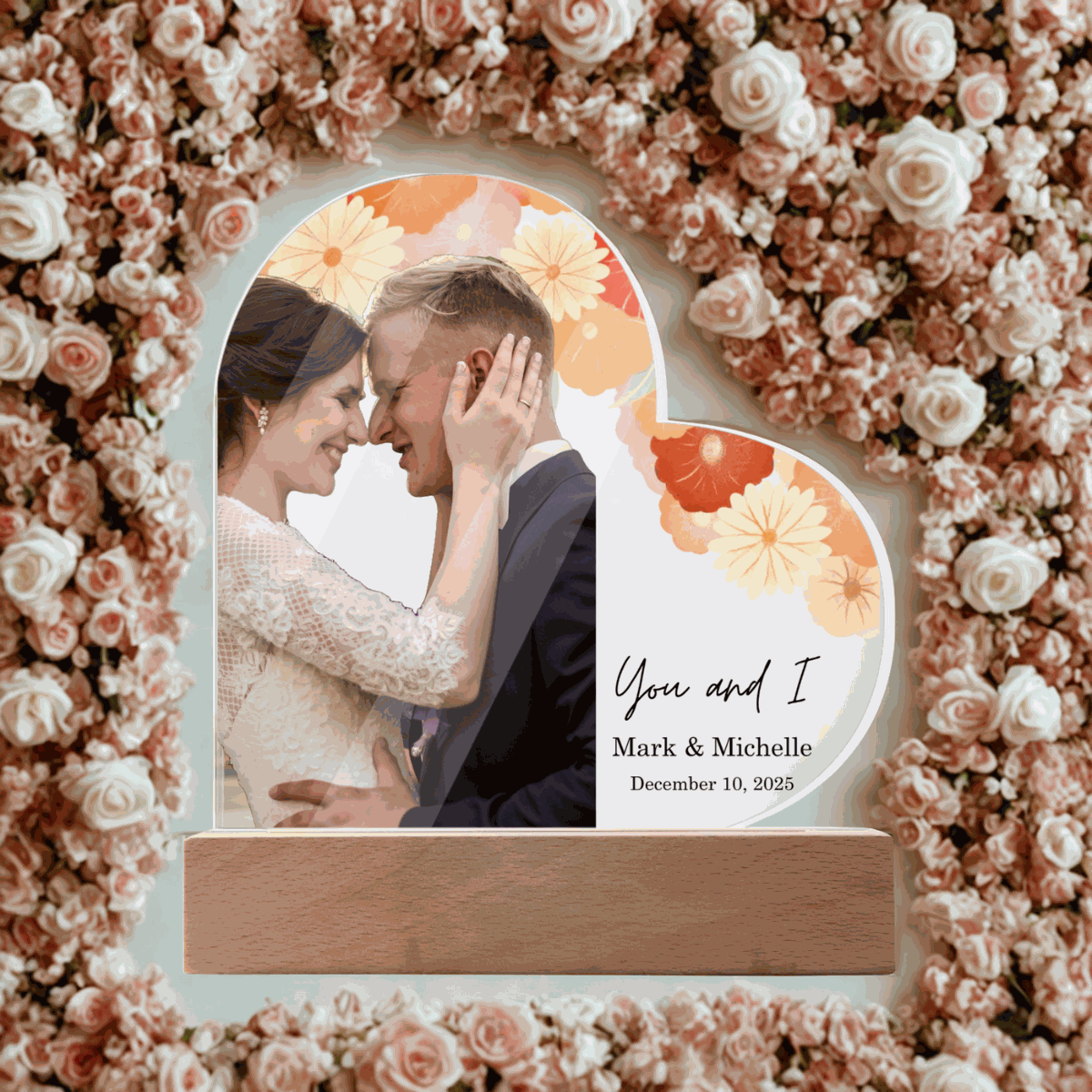 Special Love Acrylic Heart Plaque personalized with couple photo and floral design on wooden stand surrounded by roses