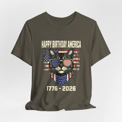 Patriotic Cat Birthday T-Shirt — Happy Birthday America 1776-2026