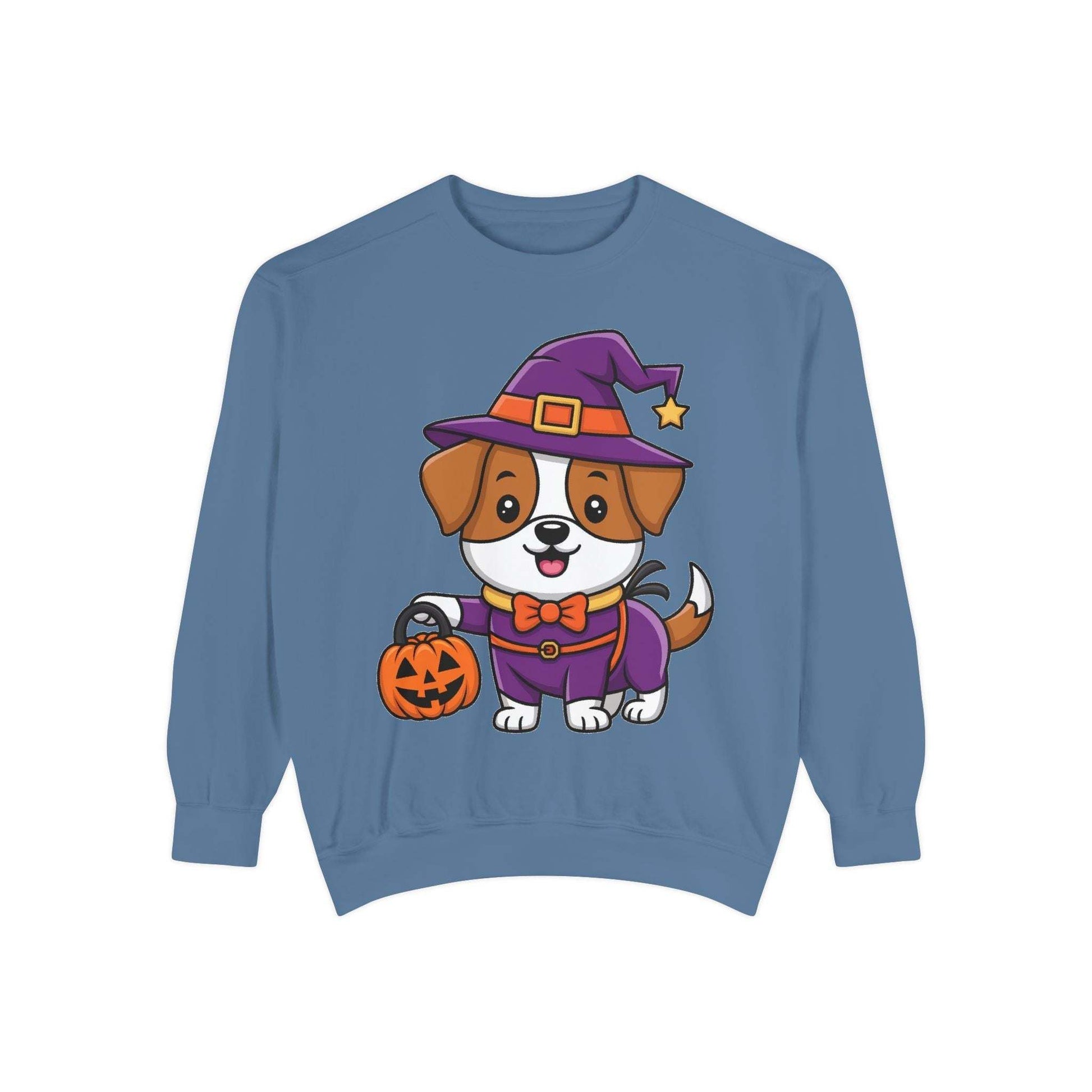 Blue sweatshirt with cute cartoon dog dressed as a wizard holding a pumpkin for Halloween Trick or Treating