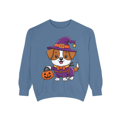 Blue sweatshirt with cute cartoon dog dressed as a wizard holding a pumpkin for Halloween Trick or Treating