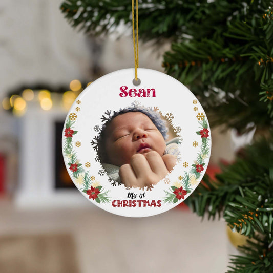 My First Christmas Keepsake Ornament personalized with baby's photo and name hanging on Christmas tree