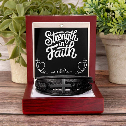 Men’s Cross Vegan Leather Bracelet with stainless steel cross in mahogany gift box showing "Strength in Faith" message