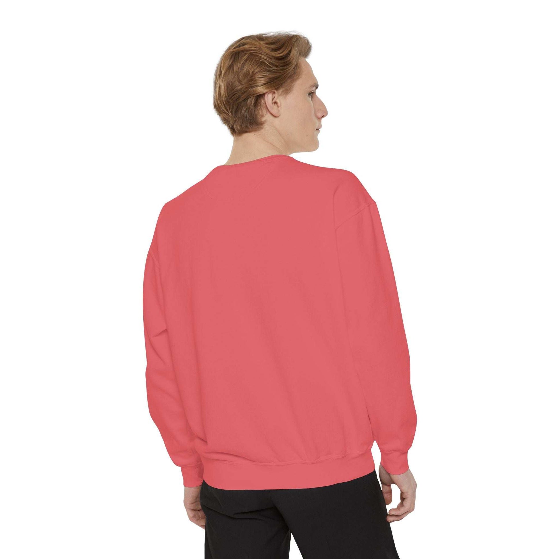 man wearing plain coral sweatshirt showing back view isolated on white background