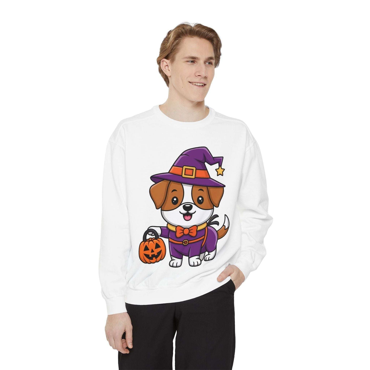Man wearing white sweatshirt with cartoon dog dressed as witch holding pumpkin for Halloween trick or treating