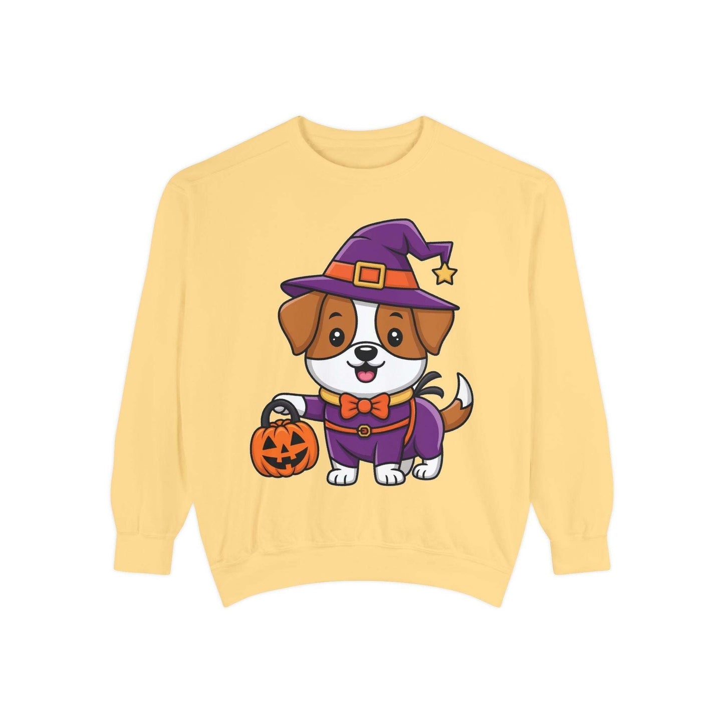 Yellow sweatshirt featuring a cute dog dressed as a witch holding a pumpkin for Halloween dog trick or treating sweatshirt