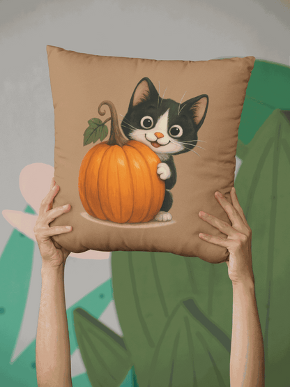 Fall Cat Pillow with cute black and white cat hugging a large orange pumpkin on a brown background, perfect autumn home decor for cat lovers