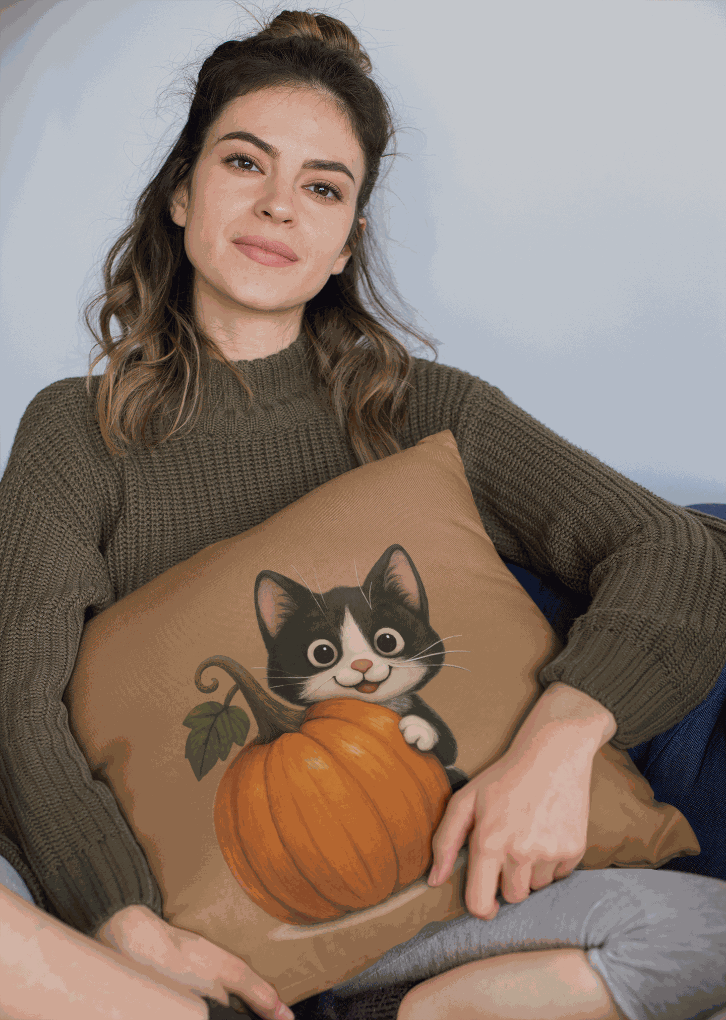 Woman holding fall cat pillow with playful black and white kitten peeking from behind a pumpkin on brown fabric