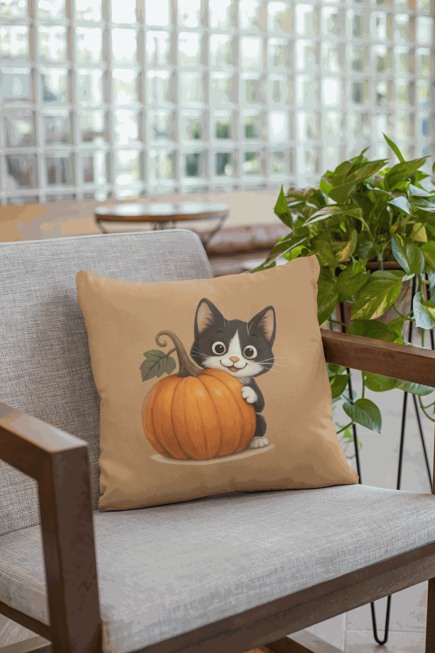 Fall cat pillow with black and white kitten hugging a pumpkin on beige background on a gray chair
