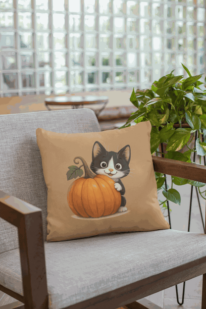 Fall cat pillow with black and white kitten hugging a pumpkin on beige background on a gray chair