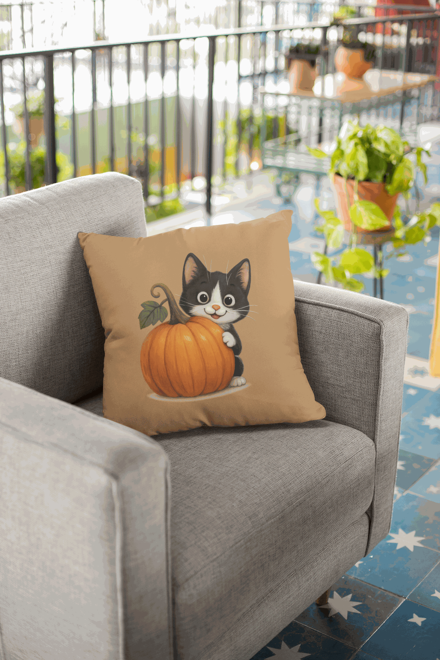 Fall Cat Pillow with playful black and white cat hugging a pumpkin on a cozy beige background placed on grey armchair.
