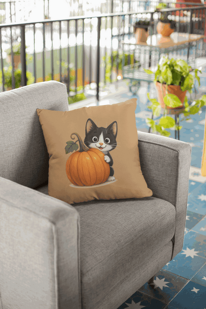 Fall Cat Pillow with playful black and white cat hugging a pumpkin on a cozy beige background placed on grey armchair.