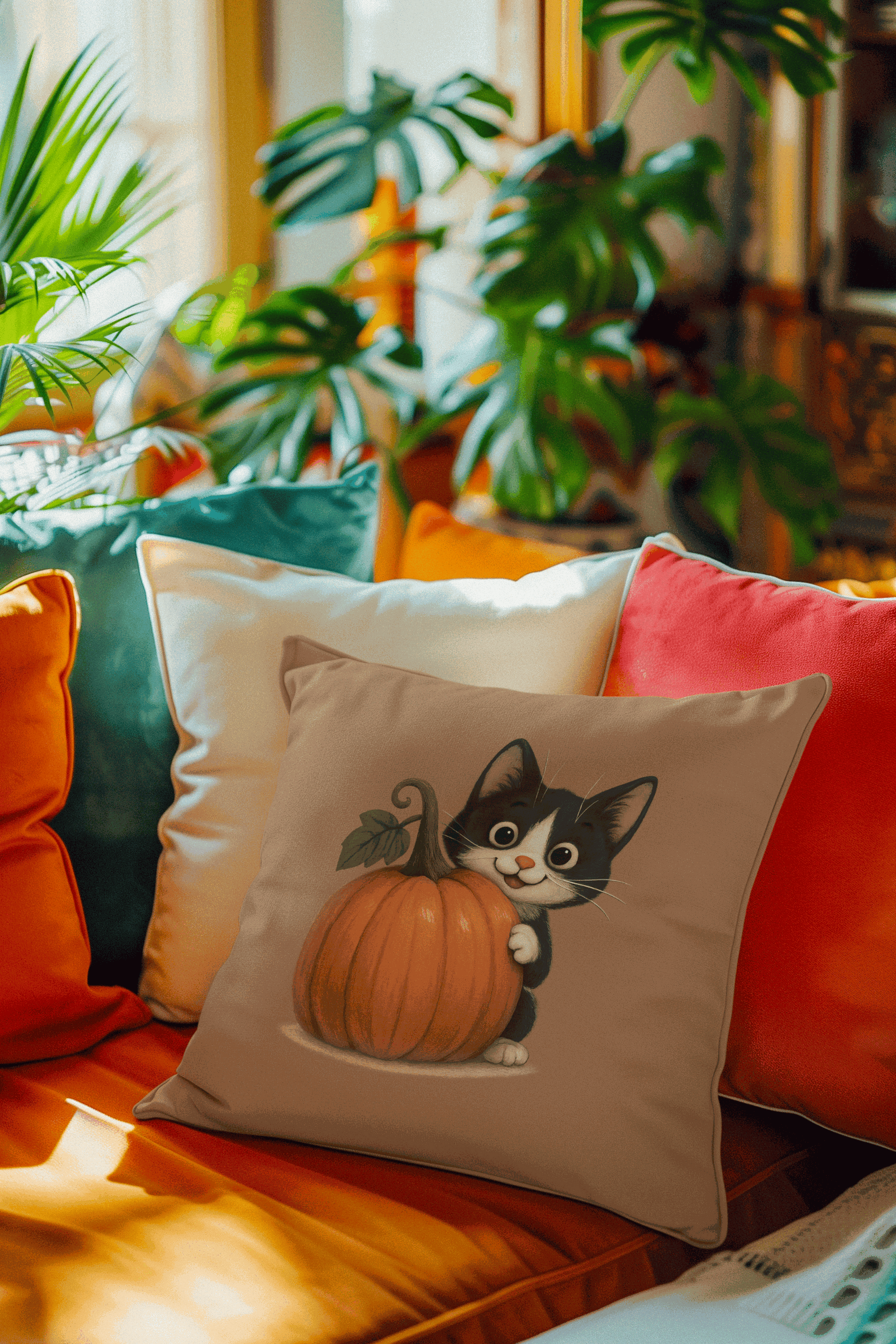 Fall Cat Pillow with playful black and white kitten hugging a pumpkin, autumn-themed home decor cushion