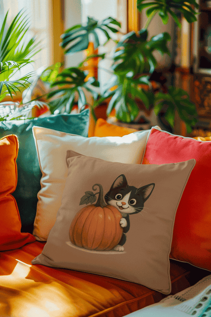 Fall Cat Pillow with playful black and white kitten hugging a pumpkin, autumn-themed home decor cushion