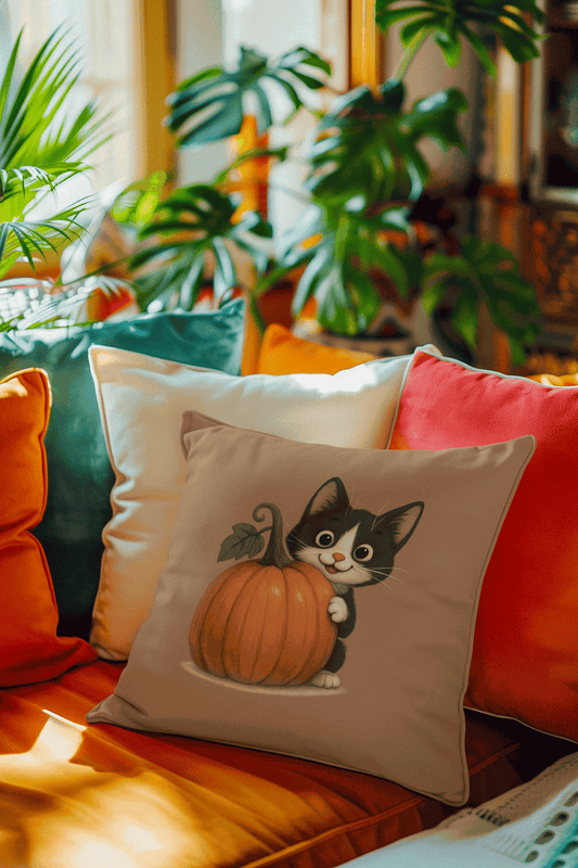 Fall Cat Pillow with playful black and white kitten hugging a pumpkin, autumn-themed home decor cushion