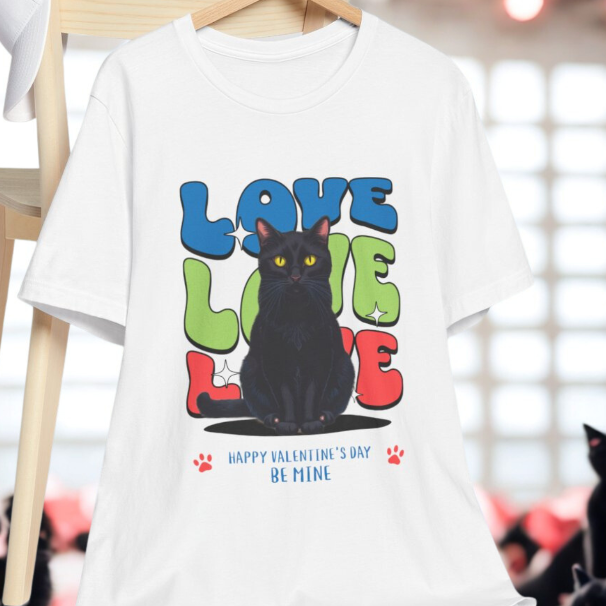Black Cat Love Love Love T-Shirt, Valentine's Day Cat Tee