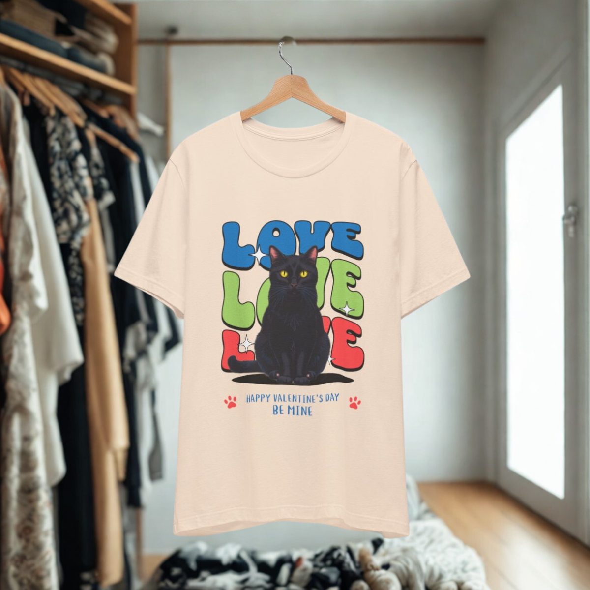 Black Cat Love Love Love T-Shirt, Valentine's Day Cat Tee