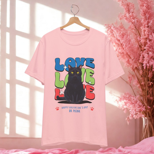 Black Cat Love Love Love T-Shirt, Valentine's Day Cat Tee