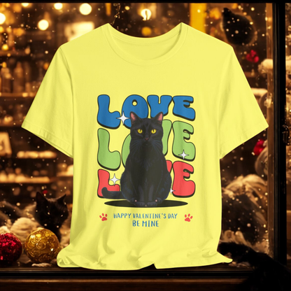 Black Cat Love Love Love T-Shirt, Valentine's Day Cat Tee