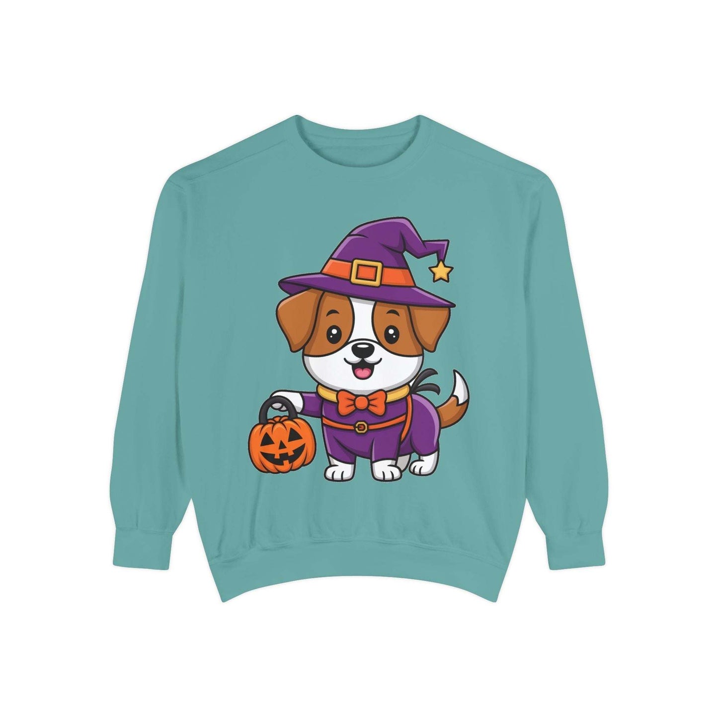 teal sweatshirt with cute cartoon dog dressed as a witch holding a pumpkin for Halloween dog trick or treating sweatshirt