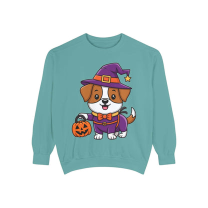 teal sweatshirt with cute cartoon dog dressed as a witch holding a pumpkin for Halloween dog trick or treating sweatshirt