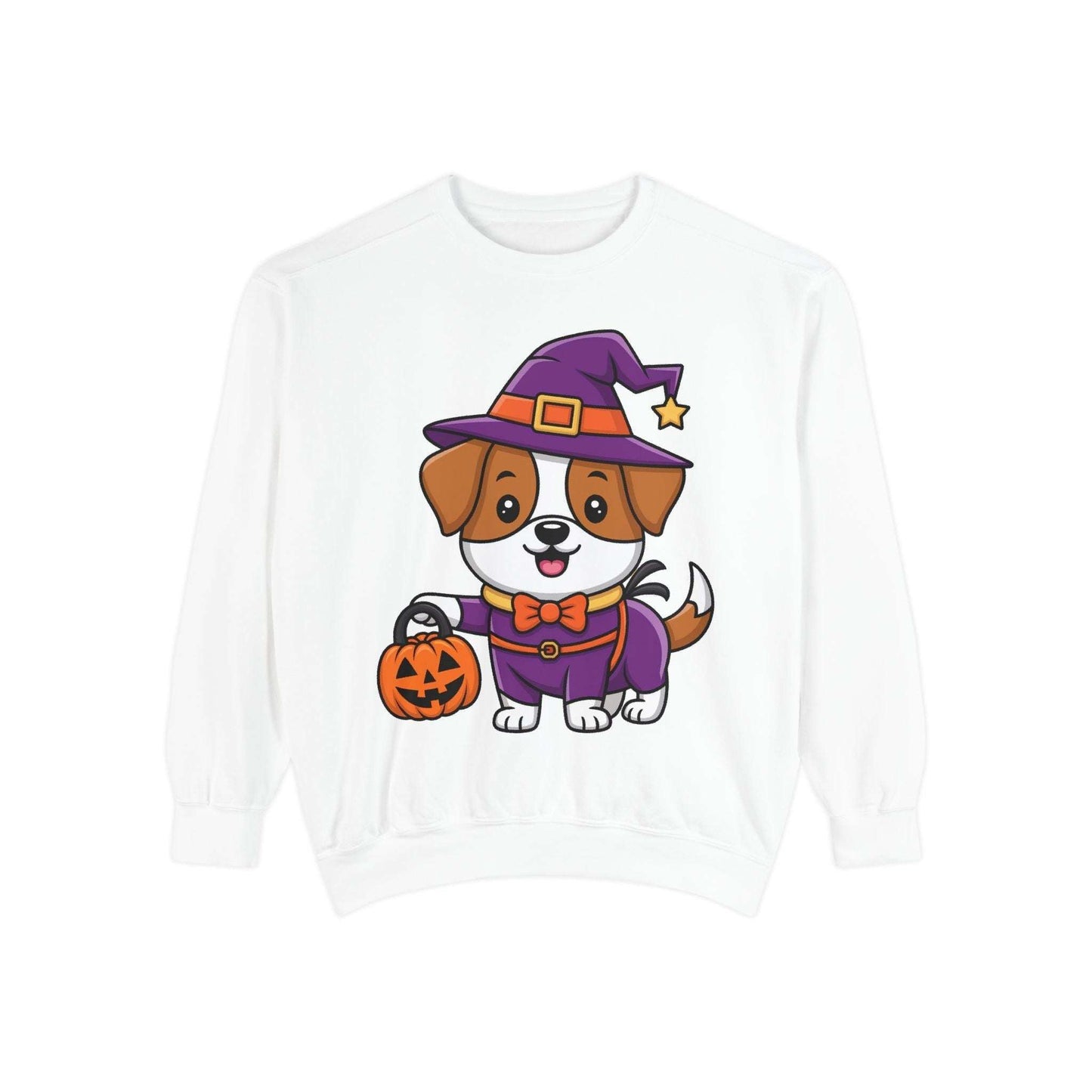White sweatshirt with cute dog wearing a purple witch hat and costume holding a pumpkin for Halloween trick or treating