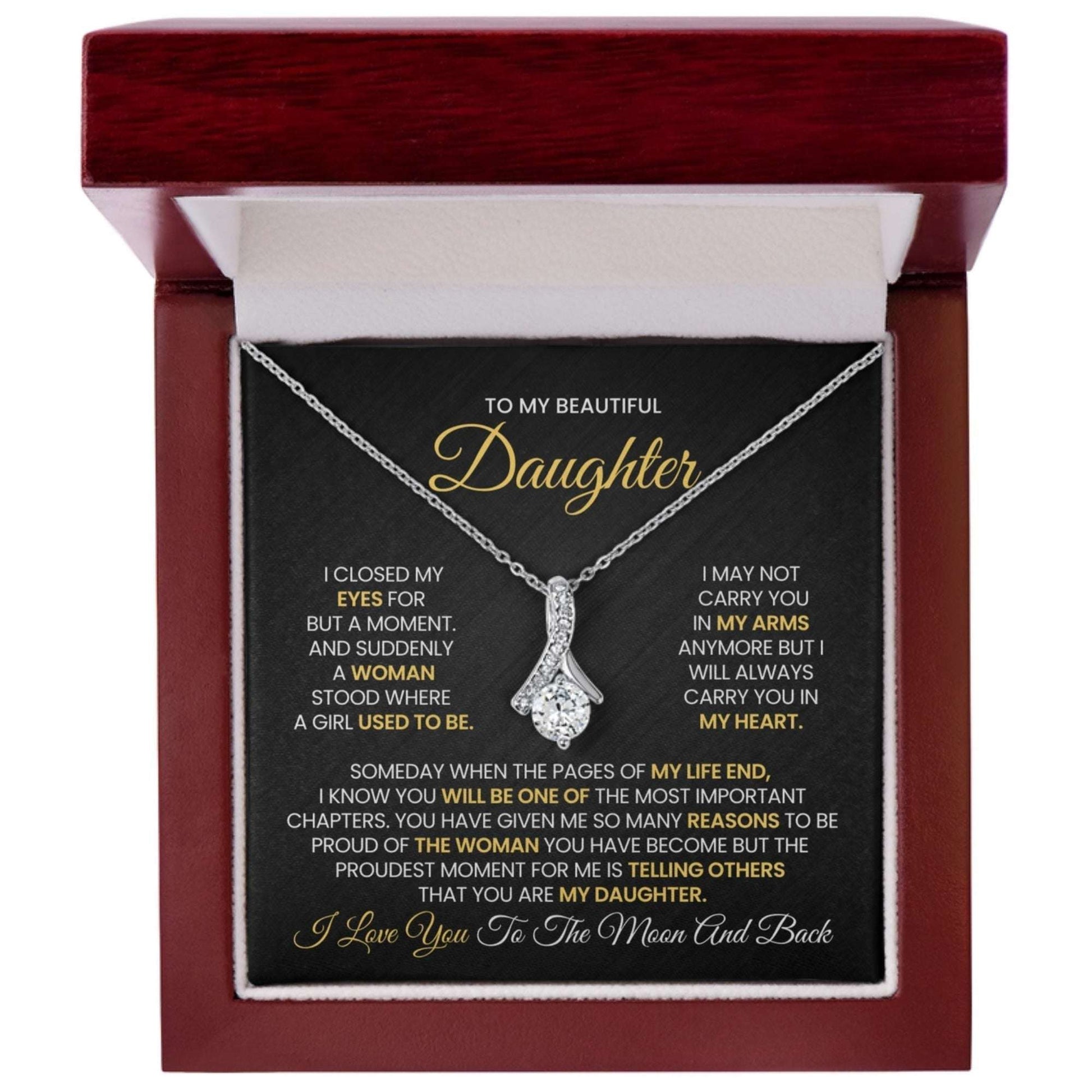 My Daughter Alluring Beauty Necklace in gift box with heartfelt message for daughter, elegant silver pendant on delicate chain