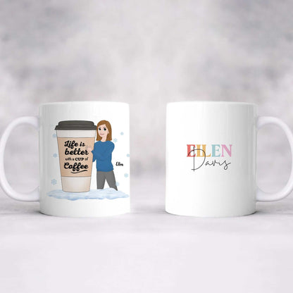 Customizable Life Is Better with Coffee Mug with personalized avatar and name, durable ceramic, dishwasher safe, and comfortable handle