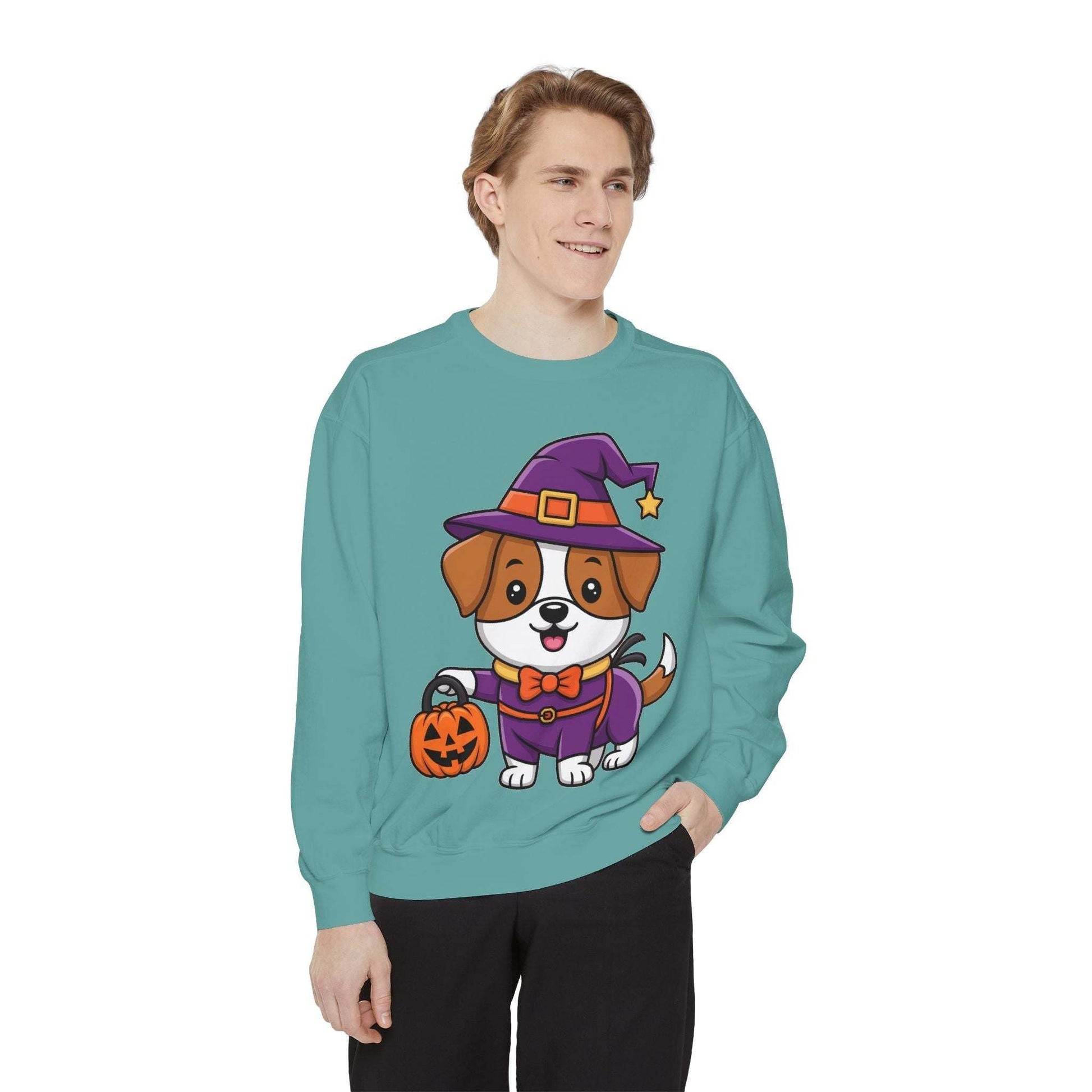man wearing teal sweatshirt with cartoon dog dressed as a witch holding a pumpkin bucket for Halloween dog trick or treating sweatshirt