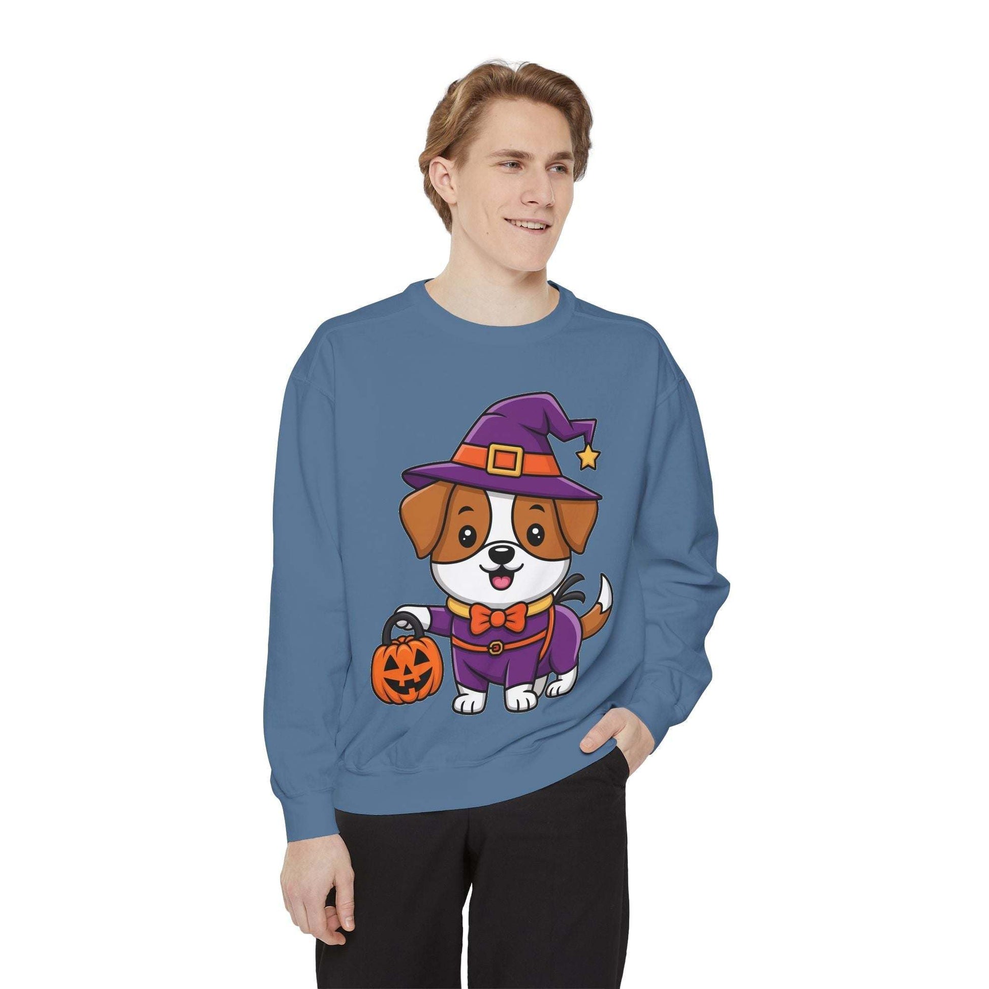 Man wearing blue sweatshirt featuring cute dog in Halloween witch costume holding pumpkin basket illustration