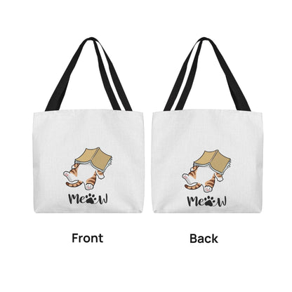 Cat's Meow Classic Tote Bag with cat reading a book and customizable name options, white fabric with black handles.