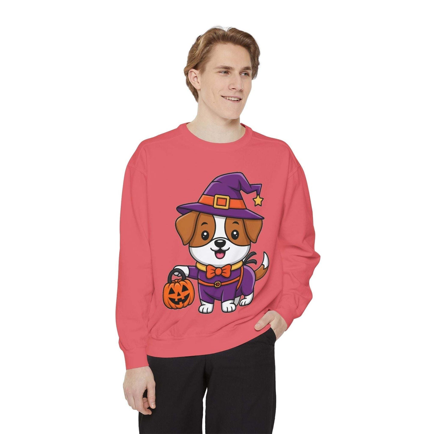 Man wearing red Halloween sweatshirt featuring cartoon dog in witch costume holding pumpkin bucket for trick or treating
