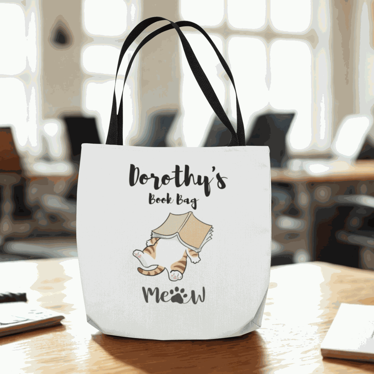 Cat's Meow Classic Tote Bag white with black handles, personalized with name and cat design