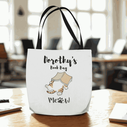 Cat's Meow Classic Tote Bag white with black handles, personalized with name and cat design