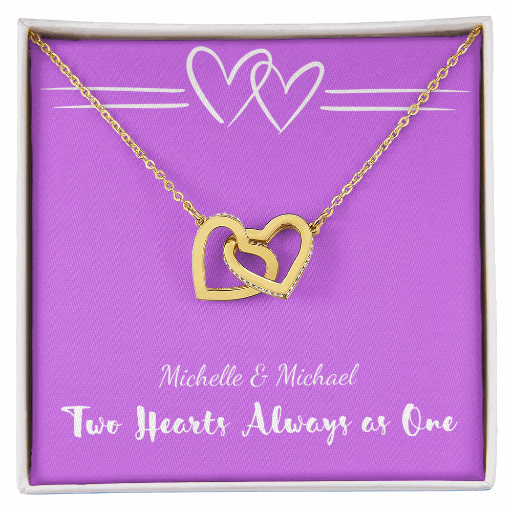 Gold interlocking hearts necklace in gift box with Two Hearts Always as One message