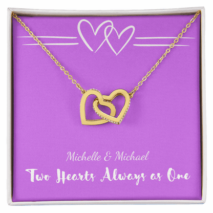 Gold interlocking hearts necklace in gift box with Two Hearts Always as One message