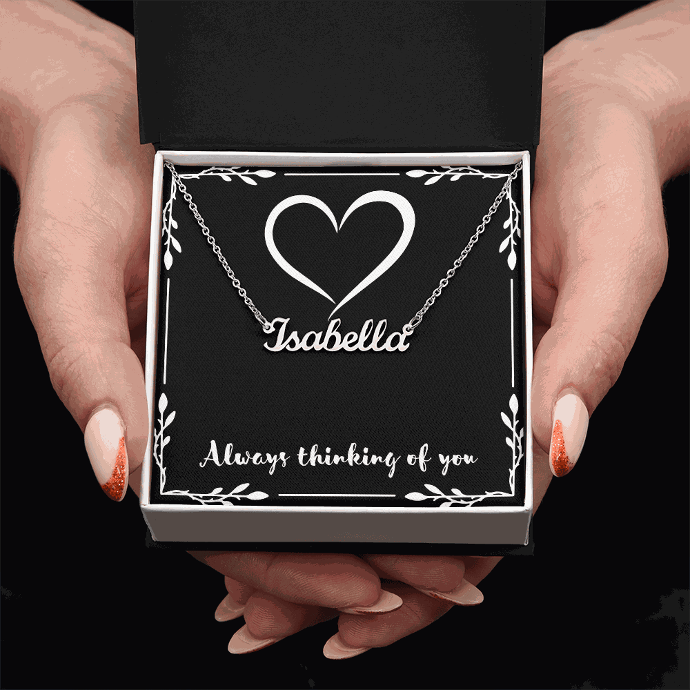 Custom name necklace with Isabella pendant in gift box with heart design and "Always thinking of you" text