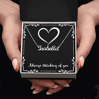 Custom name necklace with Isabella pendant in gift box with heart design and "Always thinking of you" text