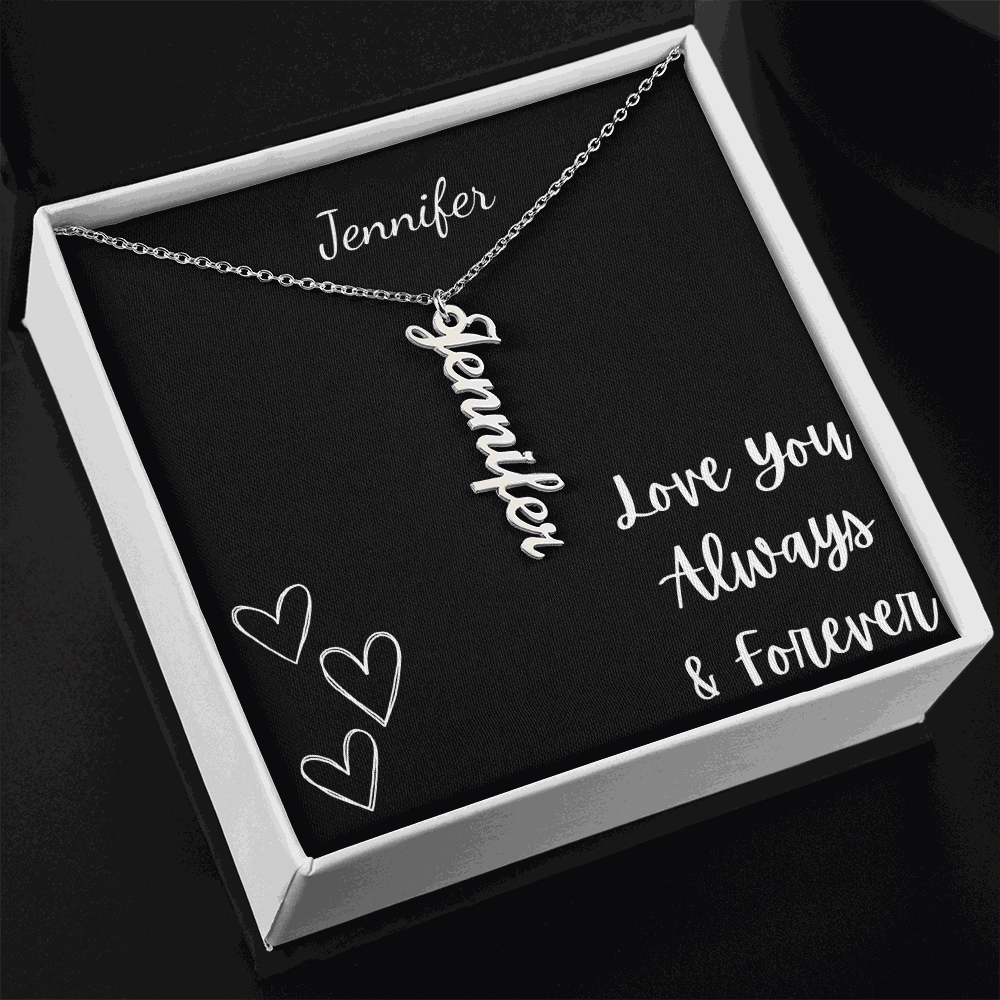Personalized Vertical Name Necklace with custom cursive name pendant in gift box with love message