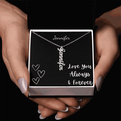 Personalized vertical name necklace in silver with cursive name pendant in gift box