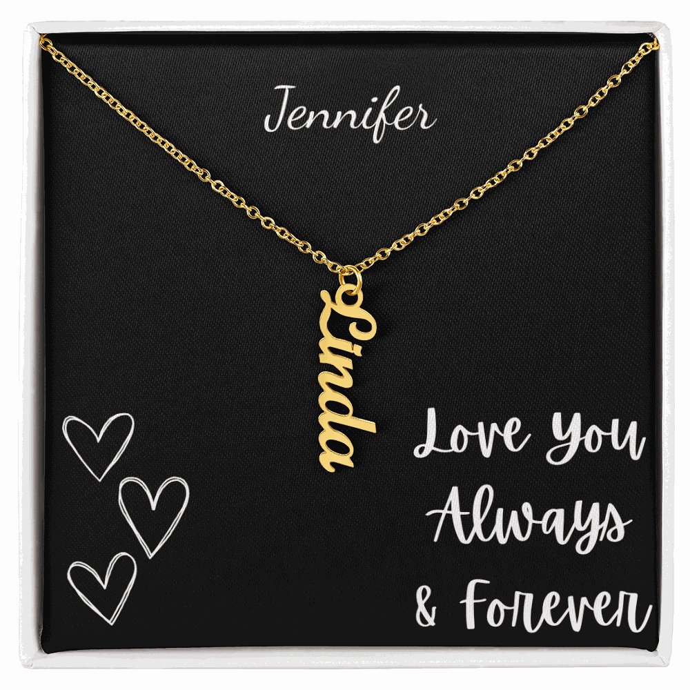Personalized vertical gold name necklace with custom name pendant on adjustable chain in gift box