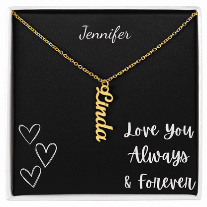 Personalized vertical gold name necklace with custom name pendant on adjustable chain in gift box