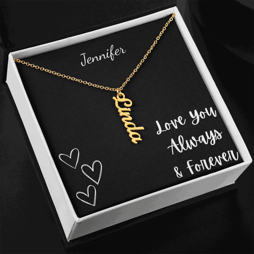 Gold personalized vertical name necklace with Linda pendant in gift box with Love You Always & Forever message
