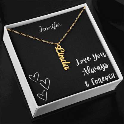 Gold personalized vertical name necklace with Linda pendant in gift box with Love You Always & Forever message