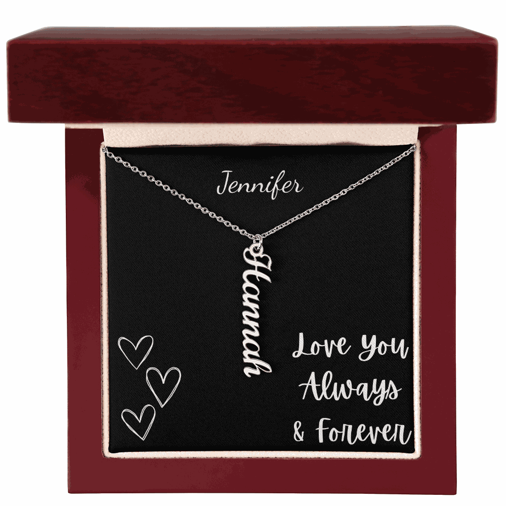 Personalized vertical name necklace with "Hannah" in cursive on silver chain in a gift box with love message