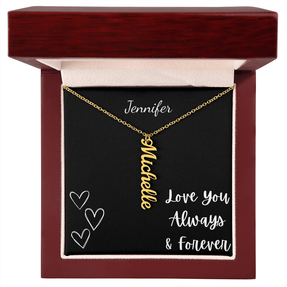 Personalized vertical name necklace in gold with custom name pendant displayed in elegant wooden gift box