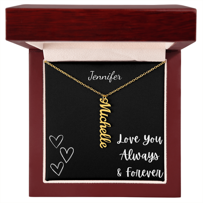 Personalized vertical name necklace in gold with custom name pendant displayed in elegant wooden gift box